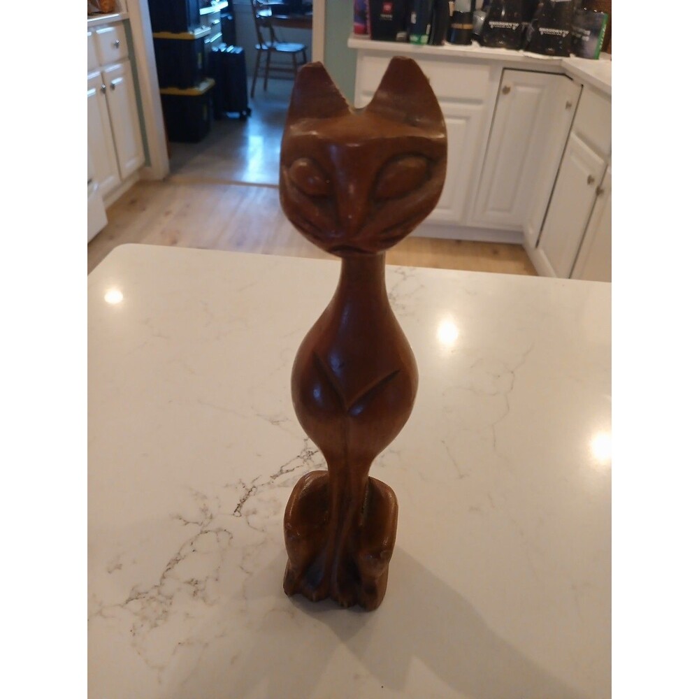 Vintage Wood Siamese Tiki Cat Mid Century Modern Lina Philippines Seated MCM 12"